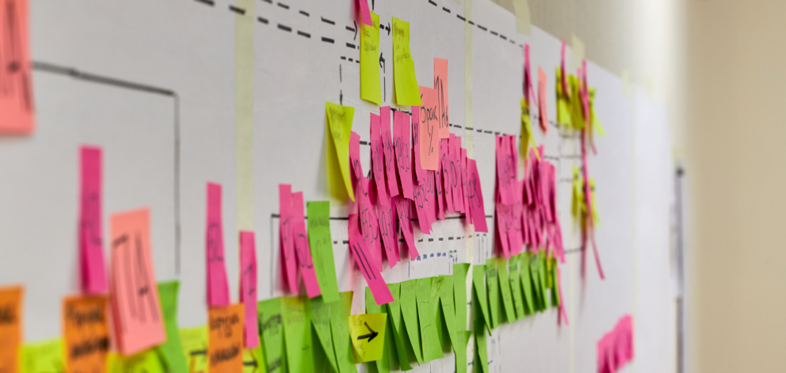 A messy hand-made value stream mapping project with post-its