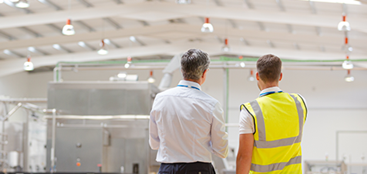 Supervisor looking at factory floor with employee